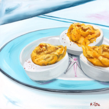 Heidi Pitre oil painting on panel of three deviled eggs on a vintage starburst plate