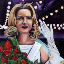 Heidi Pitre oil painting on panel of a beauty queen with a gloved hand waving to the crowd holding a bunch of roses wearing a tiara