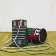 See You Tomorrow heidi pitre oil painting on panel of two cans and some string for old phones