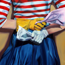 Heidi Pitre painting of a woman holding a grocery list and a voter registration paper wearing a red and white striped top with a blue skirt for suffragettes