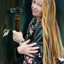 Heidi Pitre painting of a woman with long blonde hair holding a mallet in a floral coat with miniature pelicans flying around her