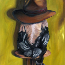Heidi Pitre painting of a monkey wearing a man's fedora sitting on a stool in front of a green wall