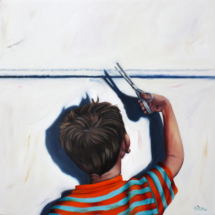Heidi Pitre oil painting on panel of a boy with a pair of scissors wearing a striped shirt cutting a string against a white wall