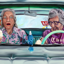Heidi Pitre oil painting of two old women driving a vintage car and eating ice cream cones with a Mary statue