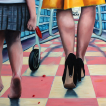 Heidi Pitre oil painting on panel of a mother and daughter in a catholic school skirt at the grocery store holding a red popsicle dripping on a pink and yellow tiled floor in front of a meat counter