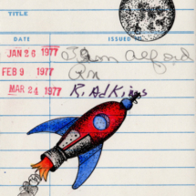 Heidi Pitre watercolor of the moon and a rocket for Apollo expeditions to the moon on vintage library cards. gifts for librarians and book lovers