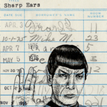 Heidi pitre Spock sharp ears watercolor illustration on vintage library card ephemera. gifts for librarians and book lovers.