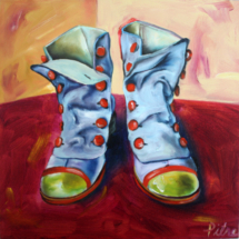 Heidi Pitre blue boots with red buttons oil painting on panel