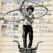 Heidi Pitre pen and ink drawing of will rogers on a bull with a lasso on a vintage library card. gifts for book lovers and librarians.