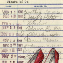 Heidi Pitre watercolor art of Dorothy's ruby slippers of Baum's wizard of Oz on vintage library card ephemera. gifts for book lovers and librarians