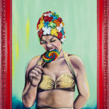 Heidi Pitre oil painting on canvas of a woman wearing a floral rubber swim cap biting a colorful sucker with a green background with a red frame wearing a yellow bikini