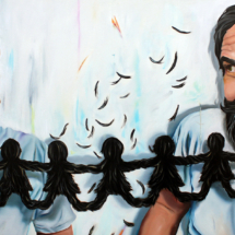 Heidi Pitre oil painting on canvas of two identical bearded gentlemen attached by their beards, with paper dolls cut out in them on a white background