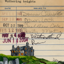 Heidi Pitre art of a wuthering heights vintage library card by Bronte. gifts for librarians and book lovers.