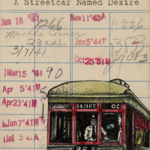 Heidi Pitre art of a streetcar on Tennessee Williams a streetcar named desire vintage library card. gifts for librarians and book lovers.