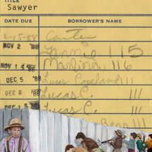Heidi Pitre gouache painting of Tom Sawyer whitewashing fence on vintage mark twain library card. gifts for librarians and book lovers.