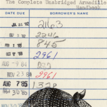 Heidi Pitre pen and ink drawing of an armadillo on vintage library card. gifts for librarians and book lovers.
