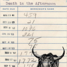 Heidi Pitre drawing of a bull in pen and ink on a death in the afternoon vintage library card. gifts for librarians and book lovers.