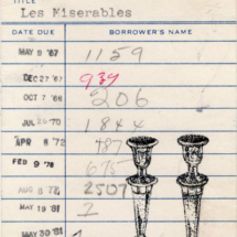 Heidi Pitre illustration of victor Hugo's les miserables candlesticks in pen and ink on vintage library card. gifts for librarians and book lovers.