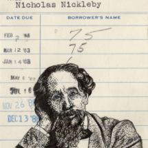Heidi Pitre drawing in pen and ink of Charles dickens Nicholas nickleby library card. gifts for librarians and book lovers.