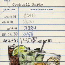 Heidi Pitre illustrates cocktails in watercolor on vintage library card of t s Eliot's cocktails. gifts for librarians and book lovers.