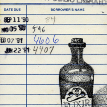Heidi pitre illustrates a bottle of elixir in pen and ink on vintage library card for the count of monte Cristo. gifts for librarians and book lovers.