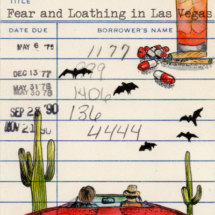 Heidi Pitre illustrates fear and loathing in Las Vegas by hunter s Thompson with a red convertible and cocktail on vintage library card. gifts for librarians and book lovers.