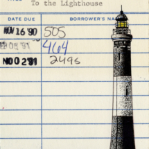 Heidi Pitre illustration of a lighthouse by Virginia Woolf on a vintage library card. gifts for librarians and book lovers.