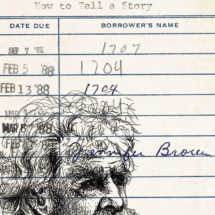 Heidi Pitre pen and ink drawing of Mark Twain on a vintage library borrower card on how to tell a story