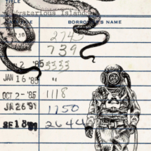 Heidi Pitre illustration of an octopus and deep sea diver on a vintage library card for mysterious island. gifts for librarians and book lovers.