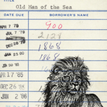 Heidi Pitre drawing in pen and ink of a lion on a vintage library card of old man and the sea. gifts for librarians and book lovers.