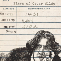 Heidi Pitre illustration in pen and ink of Oscar Wilde on a vintage library card. gifts for librarians and book lovers.