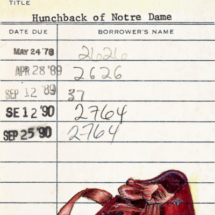 Heidi Pitre watercolor and drawing on vintage library card of a red shoe for victor Hugo's hunchback of Notre dame.
