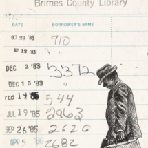 Heidi Pitre pen and ink drawing of a salesman with a briefcase for author miller's death of a salesman on vintage library card.