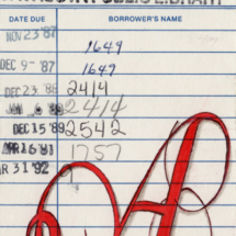 Heidi Pitre drawing of capital red letter a on vintage library card the scarlet letter by Hawthorne. gifts for librarians and book lovers