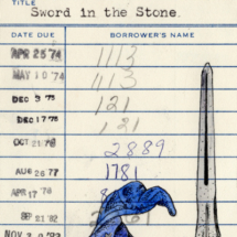 Heidi Pitre drawing with ink and watercolor of a sword and wizard hat on vintage library card for the sword in the stone. gifts for book lovers and librarians.