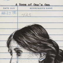 Heidi Pitre pen and ink drawing for a room of one's own Virginia Woolf on a vintage library borrower card. gift for librarian.