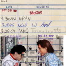 Heid Pitre illustration of Seinfeld and George on an old library borrowers card ephemera.