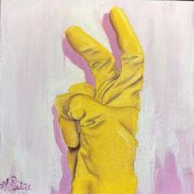 Heidi Pitre oil painting on panel of a yellow rubber glove, making bunny ears with a white background.