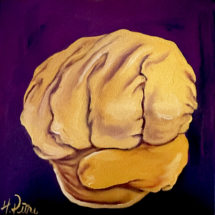 Heidi Pitre oil painting on panel of a yellow rubber glove, giving a fist bump with a purple background.