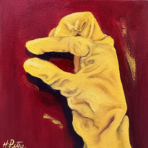 Heidi Pitre oil painting on panel of a yellow rubber glove, making an alligator with a red background.