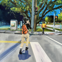 Heidi Pitre painting on Stonehenge paper of a couple crossing at a crosswalk on 43rd street in Kansas City Missouri. Smoking a vape with an orange backpack walking from the Nelson Museum.