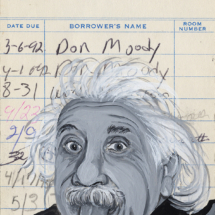 Library card art of Albert Einstein painted in gouache for book lovers and librarians.