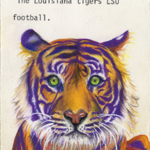 Library card art of an LSU Football Tiger painted in gouache for book lovers and librarians.