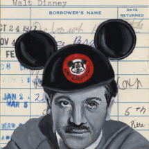 Library card art of Walt Disney and the Mickey Mouse Club painted in gouache for book lovers and librarians.