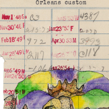 Heidi Pitre illustrates king cake in pen and ink and watercolor on vintage library card gifts for librarians, New Orleans and book lovers