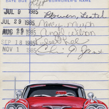 Heidi Pitre illustration of a Plymouth on Christine by Stephen King painted on vintage library borrower card.
